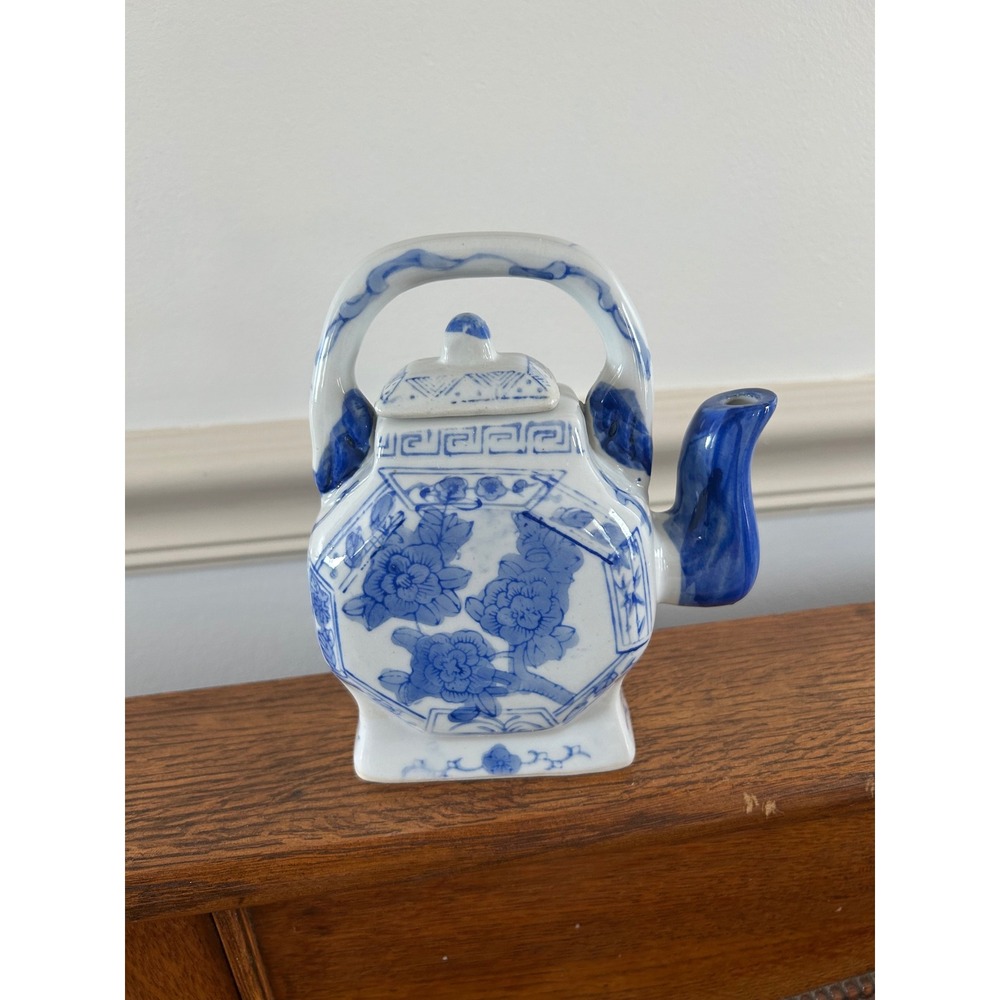 Vintage Blue and White Porcelain Miniature Teapot Chinoiserie Floral Decor China